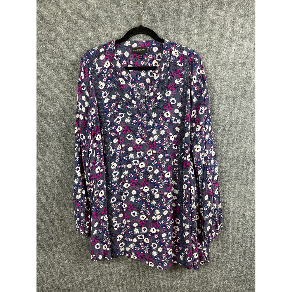 Lane Bryant Floral Tunic Women 18/20 Purple‎ Blue Excellent Crochet Lace Trim
